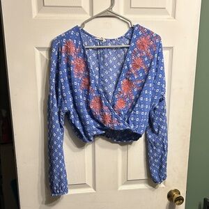 Blue and Pink Embroidered Patterned Women's Top Cropped